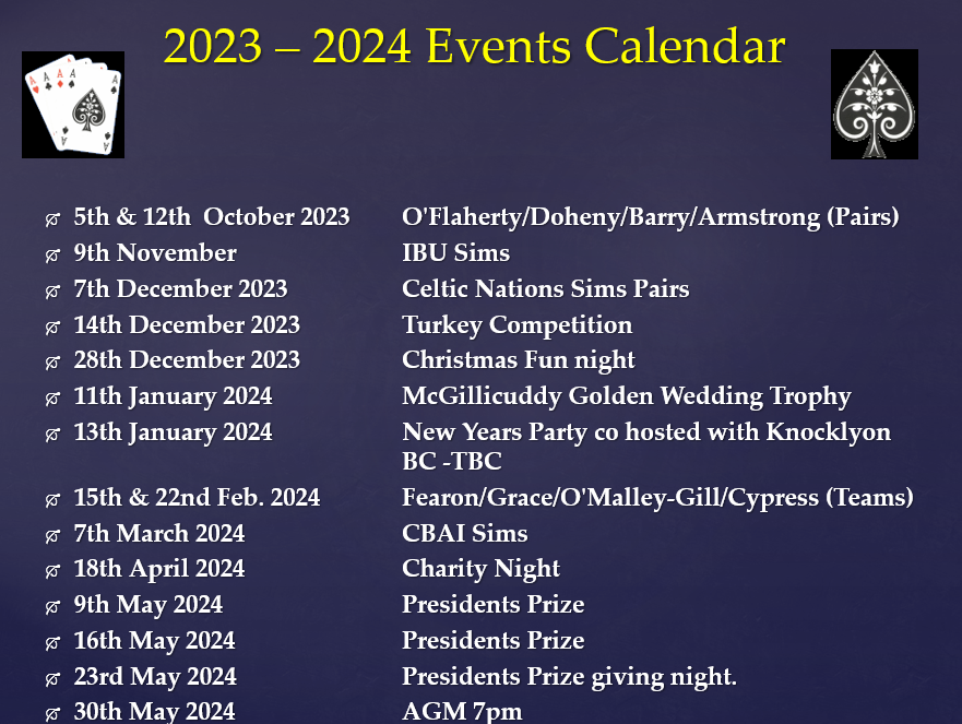 Calendar of Events for the year