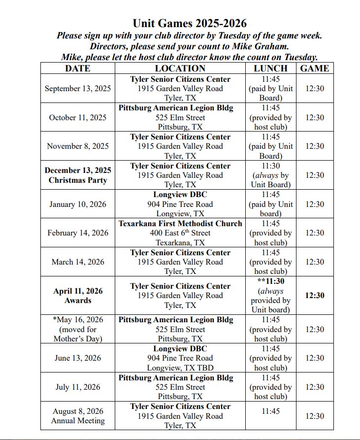 Unit Game Schedule