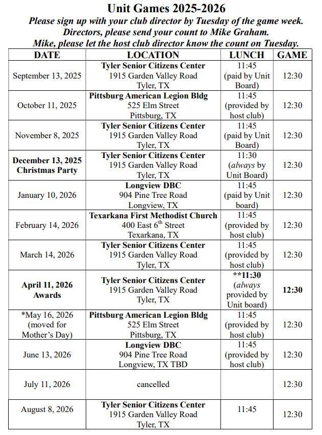 Unit Game Schedule
