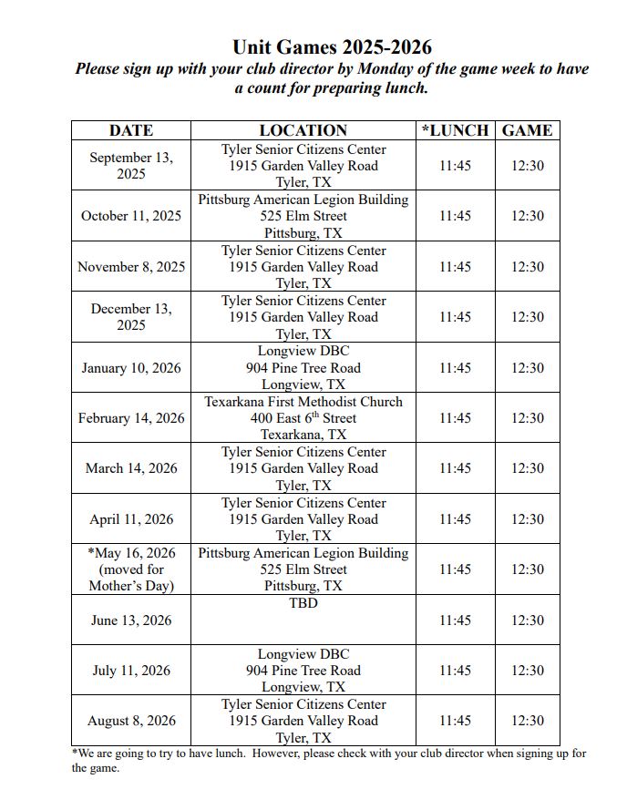 Unit Game Schedule