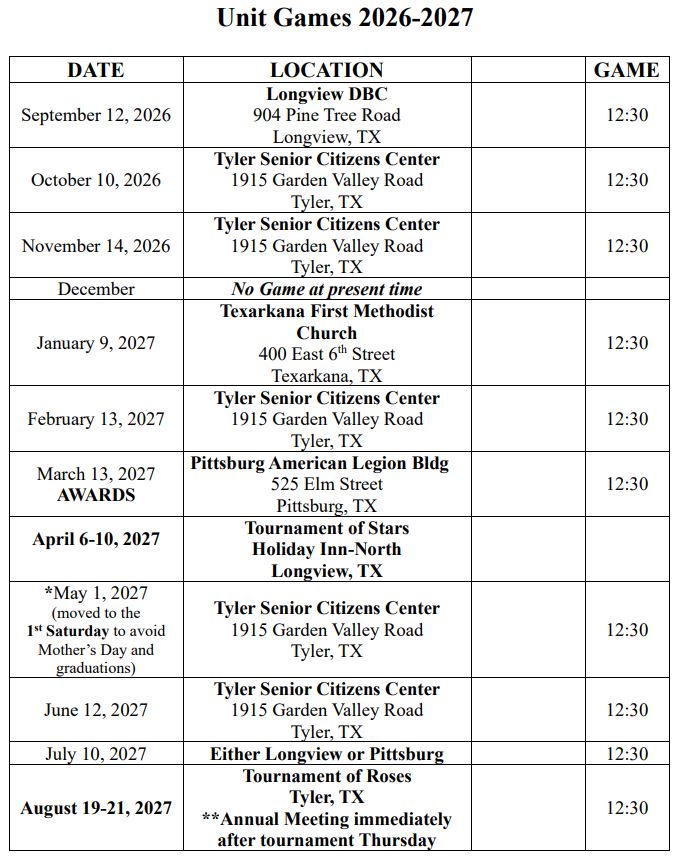 2026 -- 2027 Unit Game Schedule