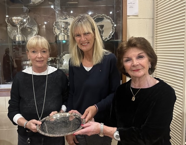 Martina Conneely and Ann ODwyer win Best B silver plate in Memorial competition.  With President Aine Doyle.  Congrats!