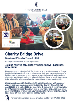 Johannesburg Country Club Charity Bridge Drive Tuesday 2nd June 2026
