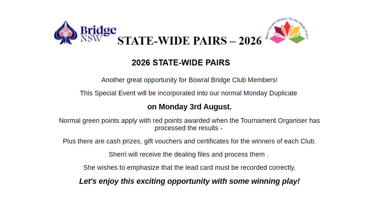 State-Wide Pairs 2026 (Monday August 3)