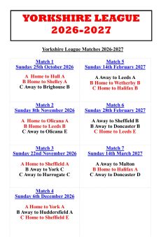 YORKSHIRE LEAGUE FIXTURE LIST 2026-2027