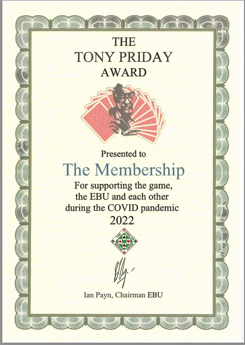 Tony Priday Awards Certificate 