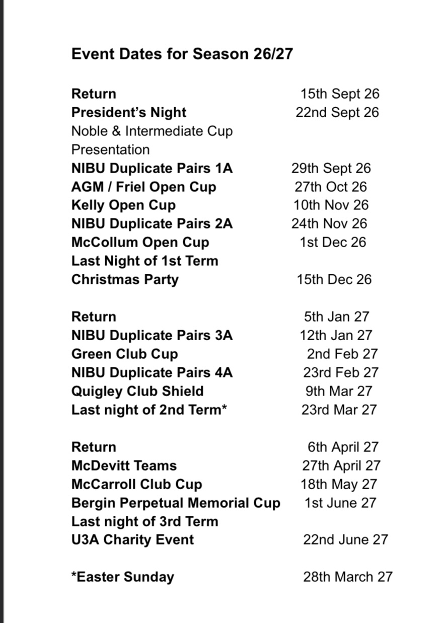 Event Dates for Season 26/27