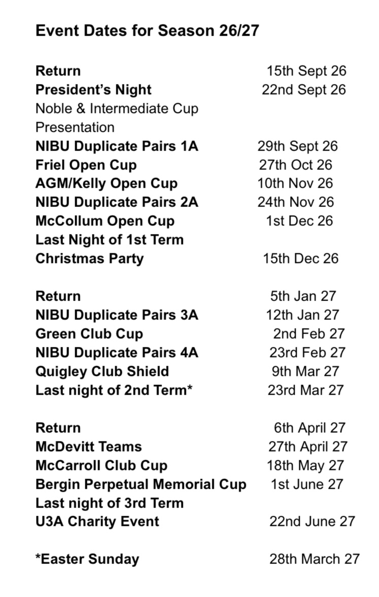 Event Dates for Season 26/27