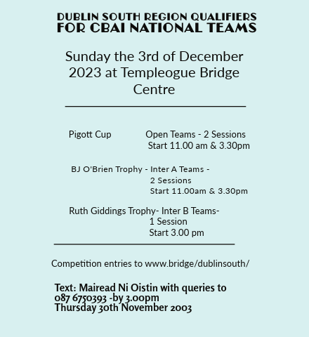 CBAI Dublin South Region Qualifiers for National Team Finals to be held on the 23rd/24th March 2024