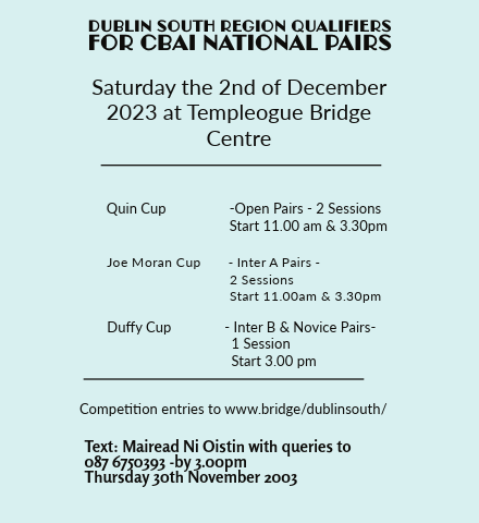 Dublin South Region CBAI Qualifiers for the National Pairs to be held on 24th/25th February 2024