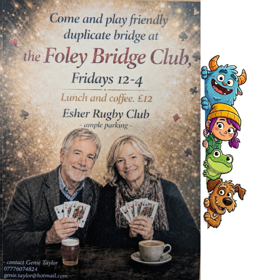 Enjoy daylight bridge almost every Friday at Esher Rugby Club