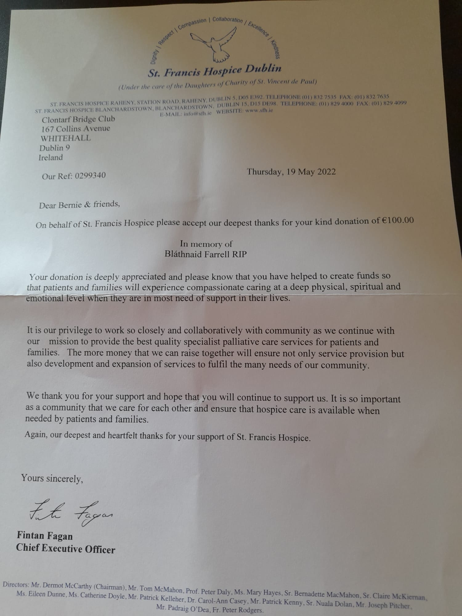 Thank You Letter from St Francis Hospice