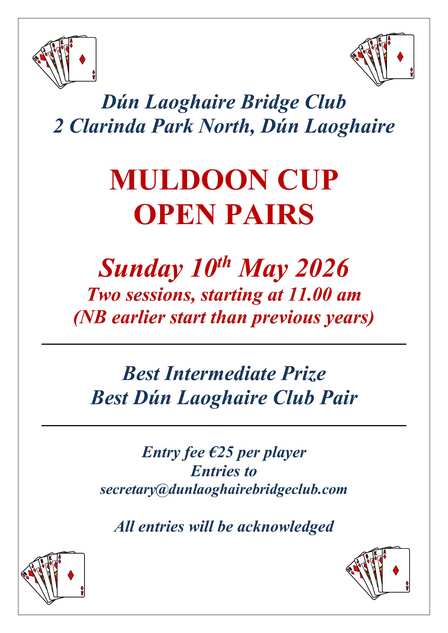 Muldoon Cup (Open Pairs) - Sunday 10 May at 11.00 am