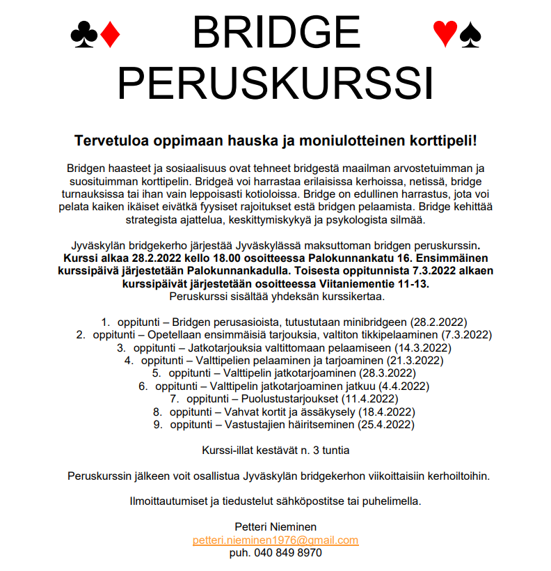Bridgen peruskurssi alkaa Jyväskylässä!