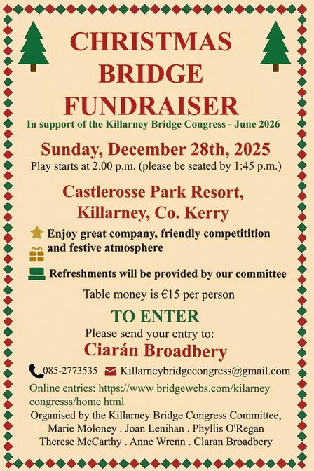Christmas Bridge Fundraiser in Support of The Killarney Bridge Congress 2026