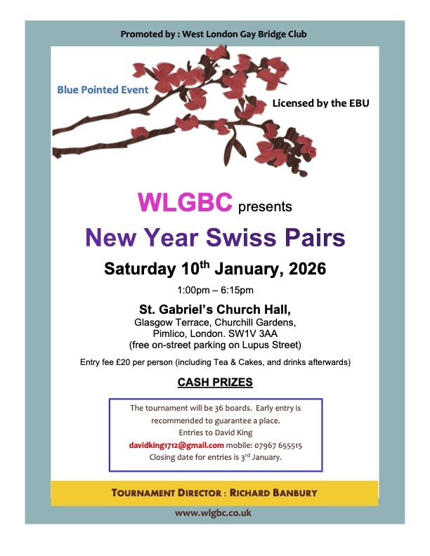 New Year Swiss Pairs Saturday 10 January 2026