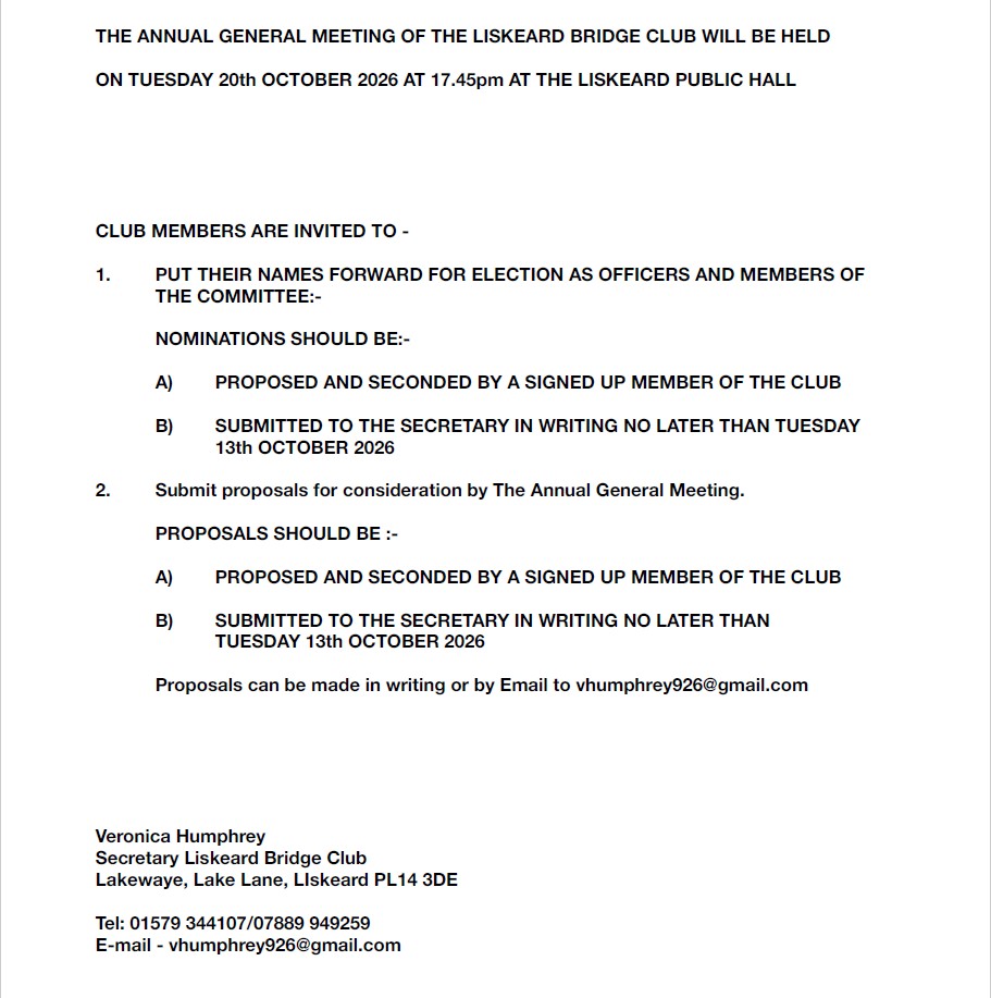 Notice of AGM 20th October 2026