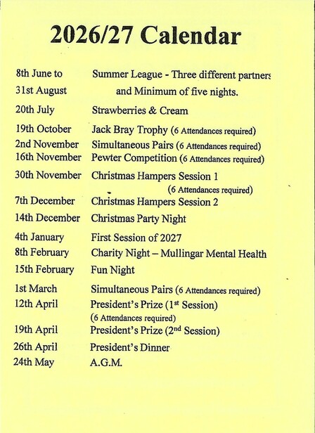 Ennell Bridge Club Calendar