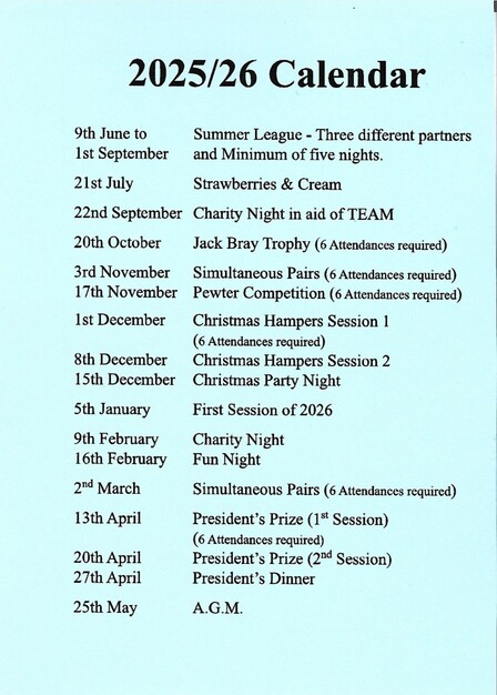 Ennell Bridge Club Calendar