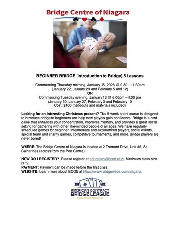 Beginner Bridge Lessons, Starting in January!