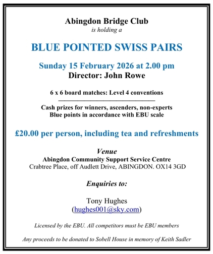 Blue Pointed Swiss Pairs - Abingdon Bridge Club on 15th February 2026