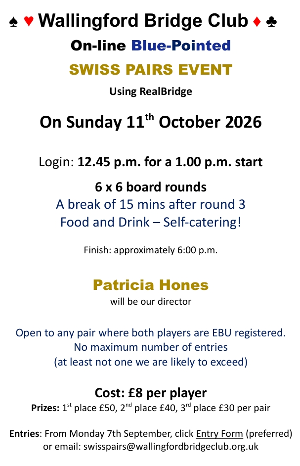 Wallingford Swiss Pairs - 11th October 2026