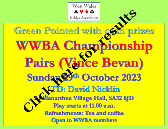 WWBA Vince Bevan Pairs - 29th October 2023