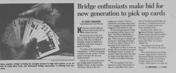 Newspaper Article Announcing the Beginning of Easy Bridge/ Friendly Bridge 25 Years Ago
