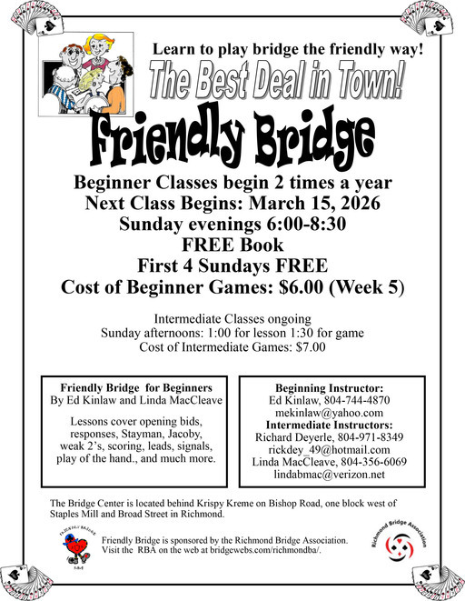 Friendly Bridge Classes Every Sunday Night - Next Session Begins in March