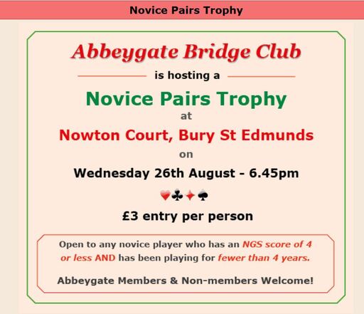 New Novice Pairs Trophy - at Abbeygate Bridge club
