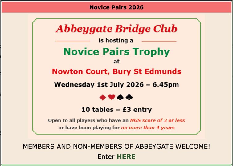 Novice Pairs event - Wednesday 1st July Abbeygate BC