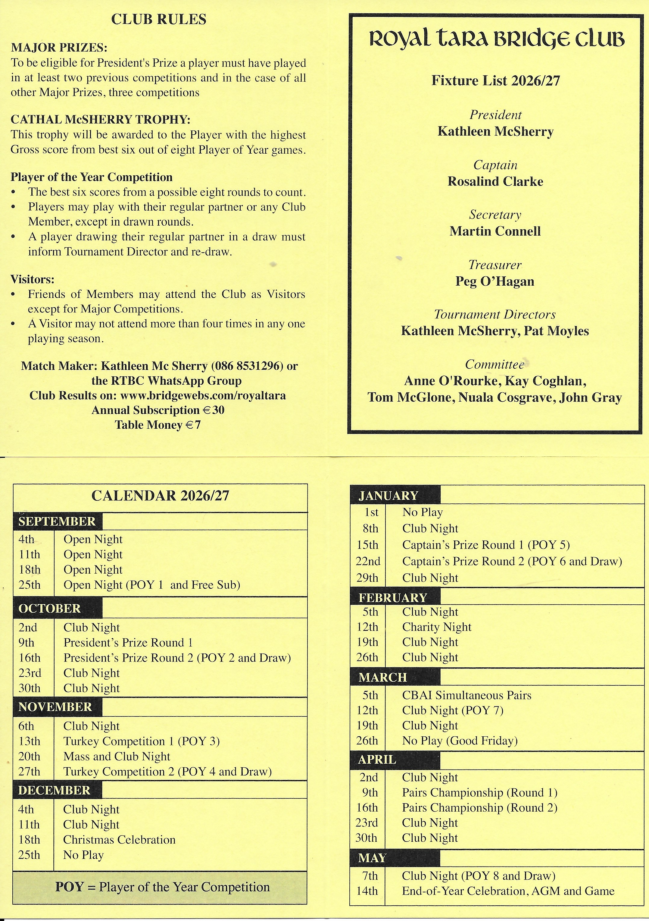 RTBC FIXTURE LIST 26/27