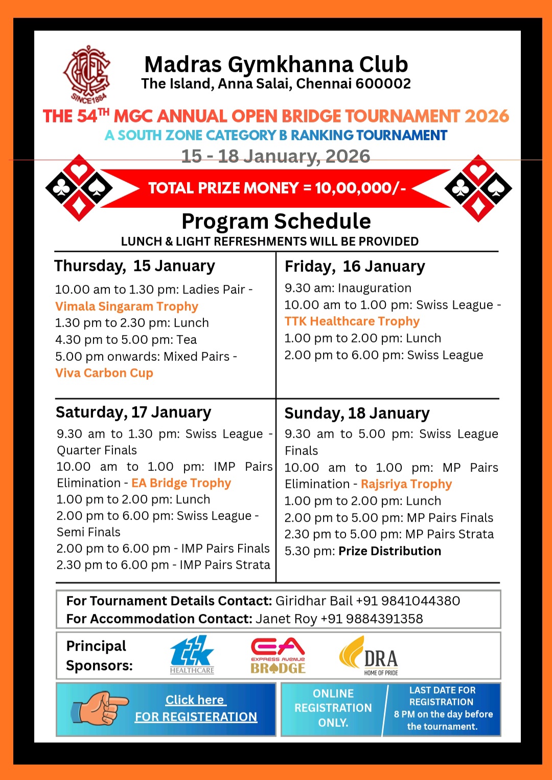 MGC ANNUAL OPEN BRIDGE TOURNAMENT  - South Zone Ranking Event