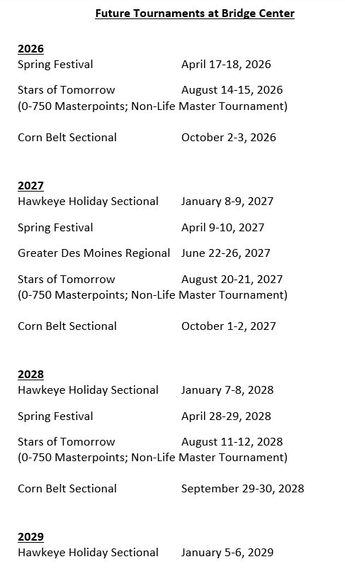 Upcoming Tournaments at the Bridge House