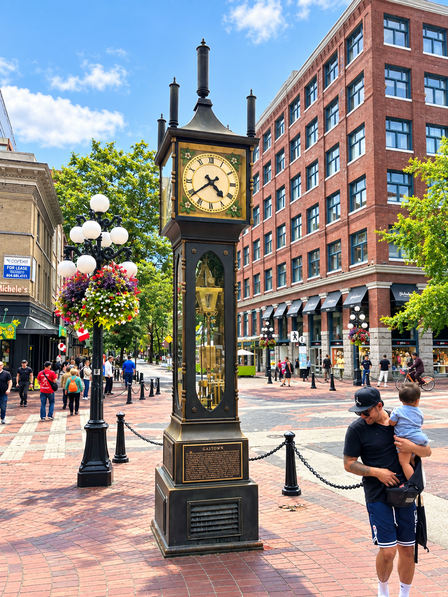 Gas Town Steam Clock - Vancouver - The clock releases a cloud of steam and plays the Westminster Quarters melody using five miniatures brass whistles. A grander display with a much larger burst of steam happens right on the hour.