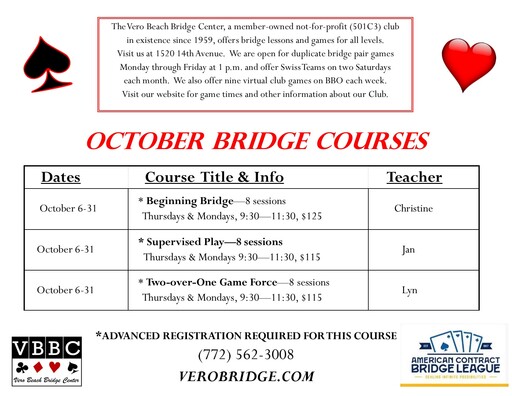 NEW OCTOBER BRIDGE COURSES @ the VBBC!