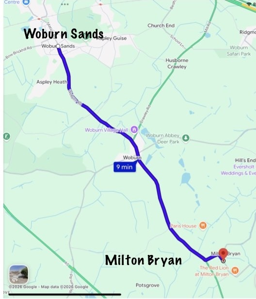 The route from Woburn Sands to Milton Bryan Village Hall